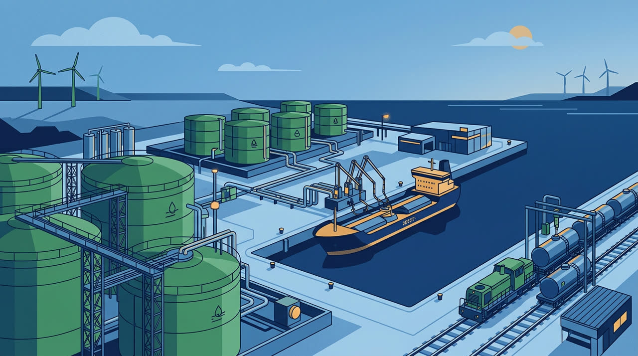 Flat vector illustration of a renewable fuels storage terminal and logistics infrastructure.