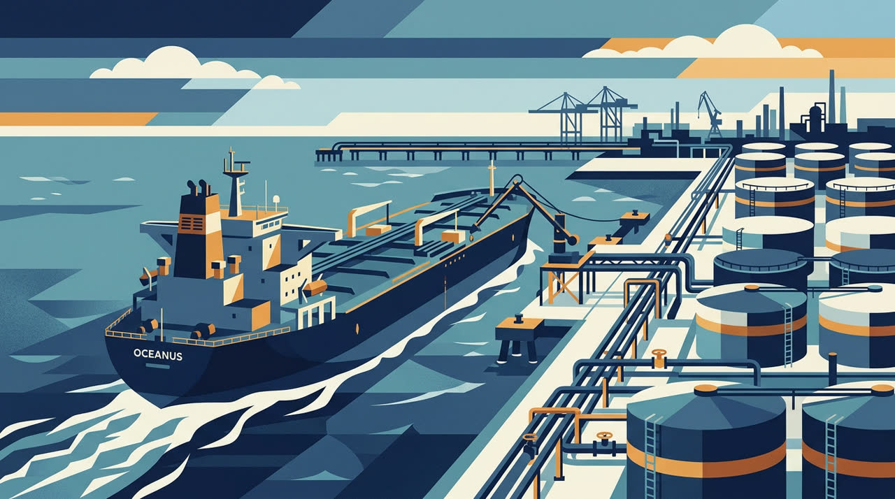 Flat vector illustration of a commodity tanker vessel and fuel storage tanks at a trading terminal.