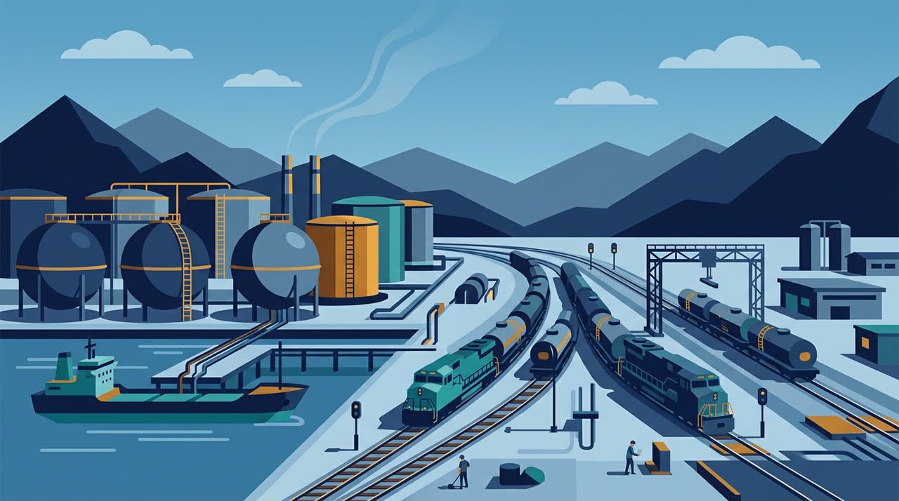 Minimalist graphic of Central Asian oil and logistics infrastructure against mountain backdrop