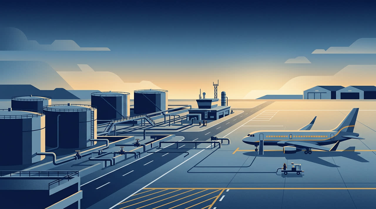 Vector illustration depicting aviation fuel storage tanks, connecting pipelines, and an aircraft on a runway.