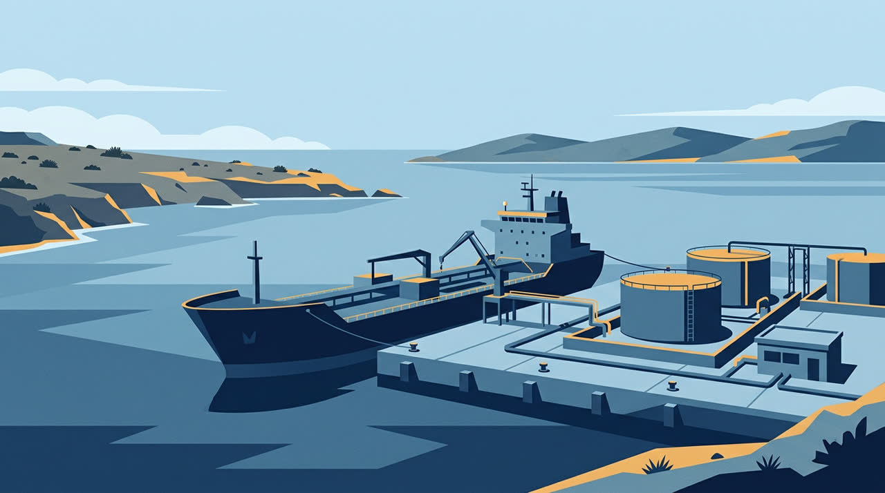 Flat vector illustration of a marine bunker tanker vessel berthed at a Mediterranean fuel terminal.
