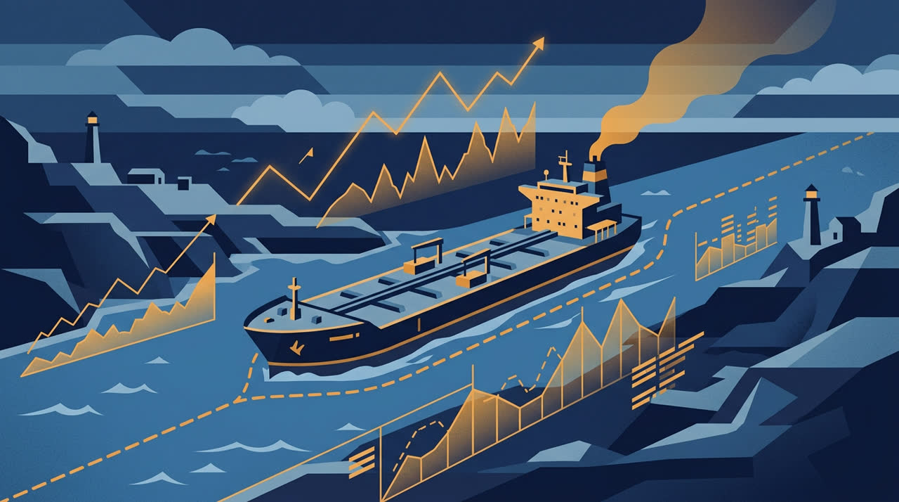 Flat vector illustration of a commercial tanker vessel navigating sea lanes with market trend lines.