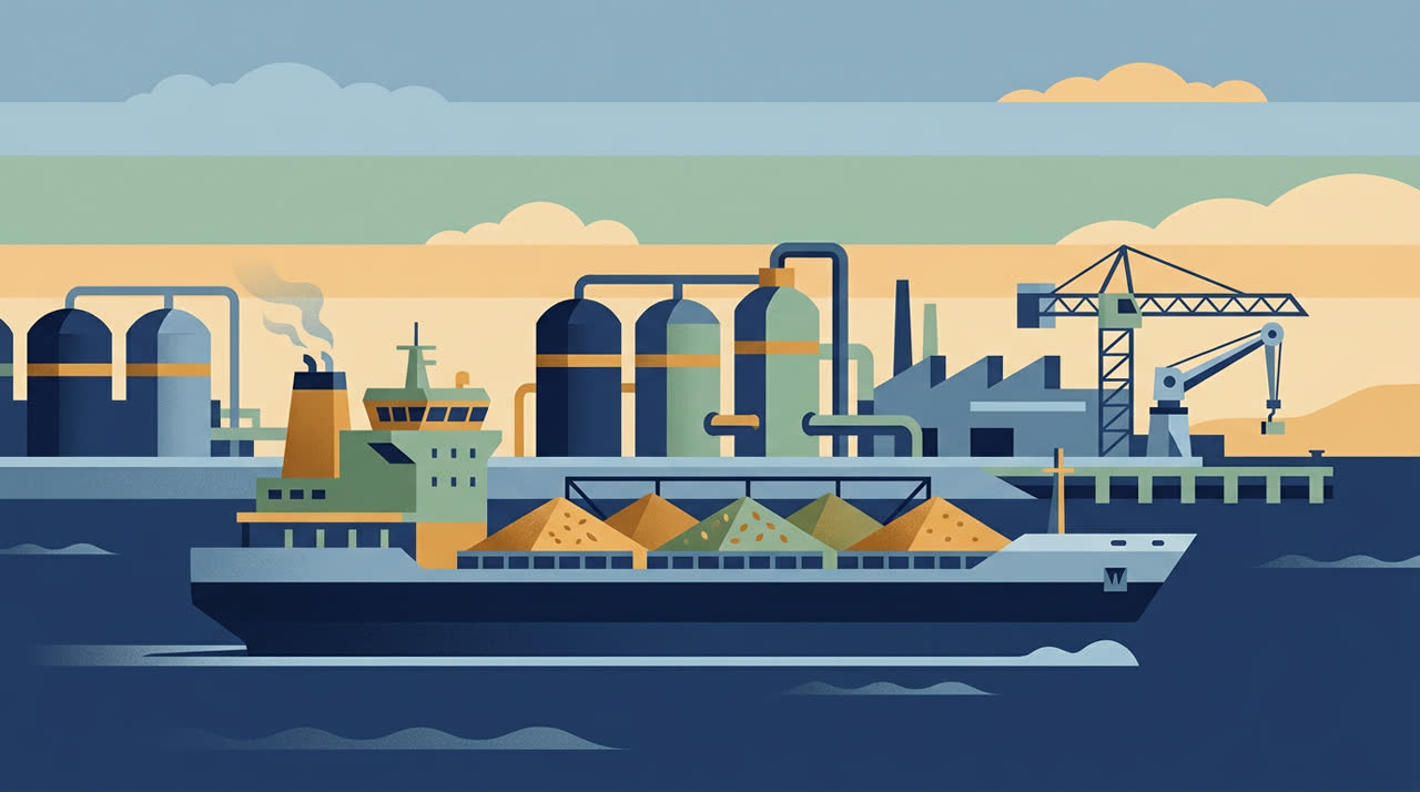Flat vector illustration of a bulk carrier ship near an industrial fertiliser terminal.